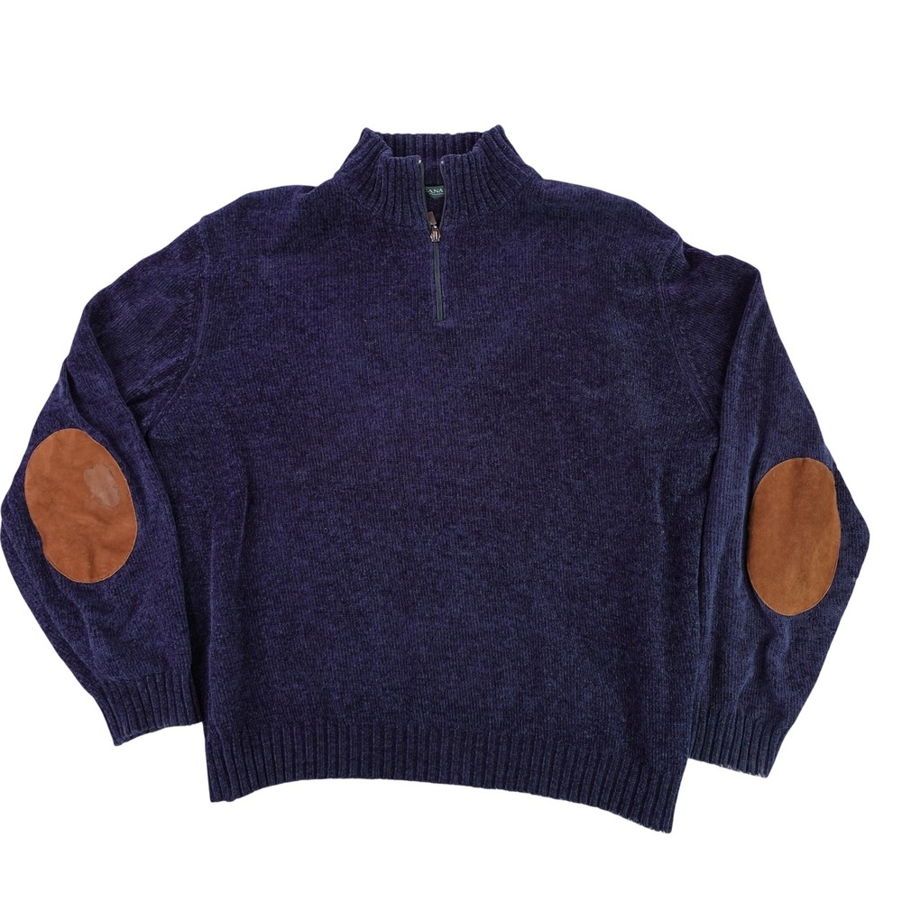 Canali Sportswear Mens Large  Navy Blue Quarter Zip Pullover Suede Elbow Patch